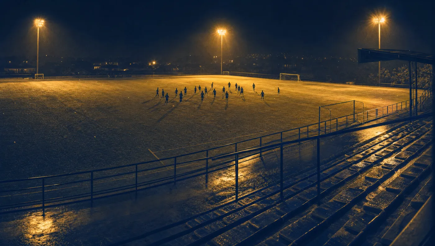 Gece antrenmanında projektör ışığı altındaki futbol sahası